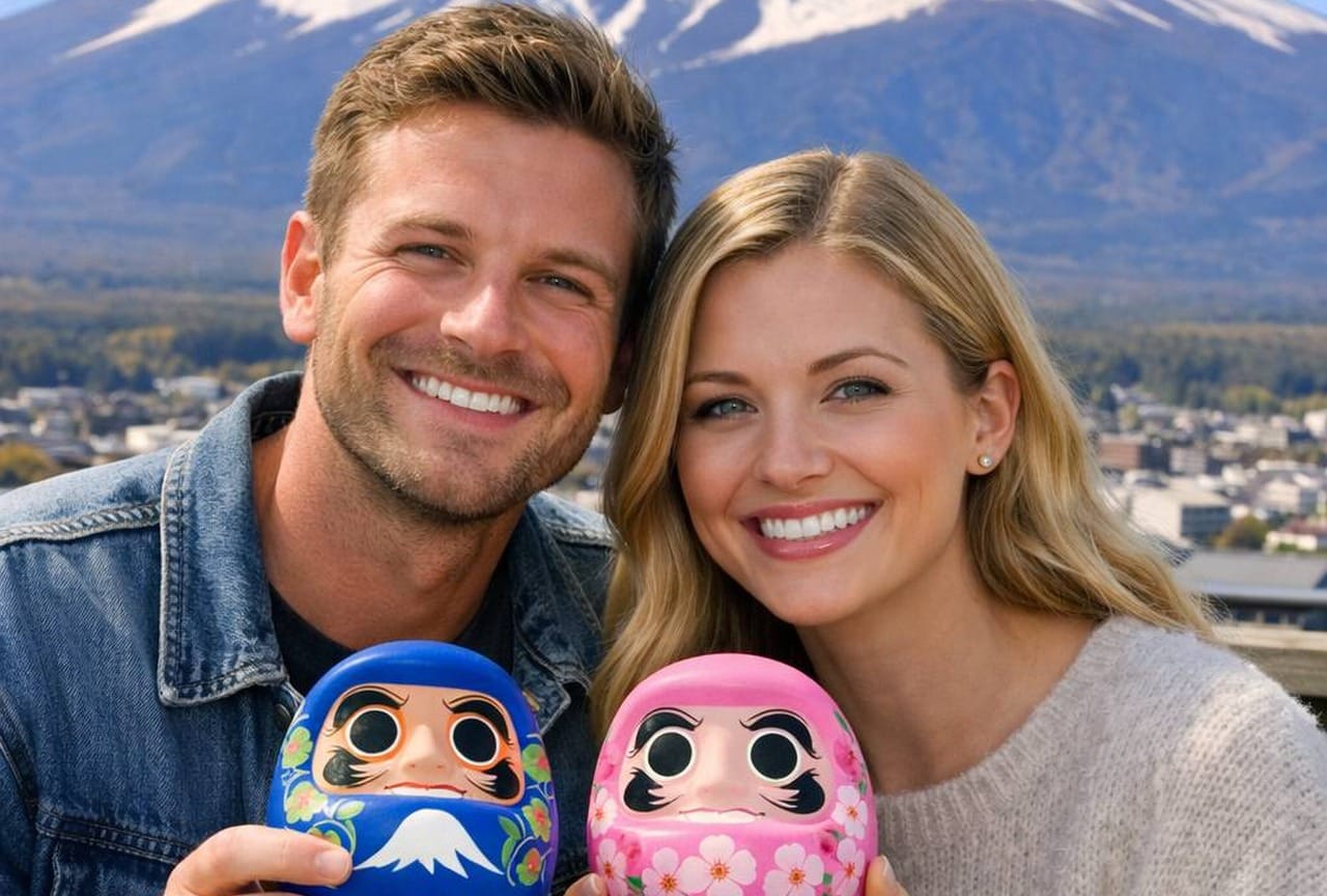 Couple holding painted daruma with Mt. Fuji behind