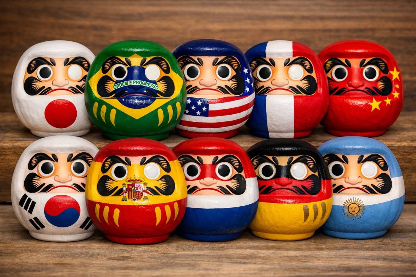 Daruma dolls painted with national flags