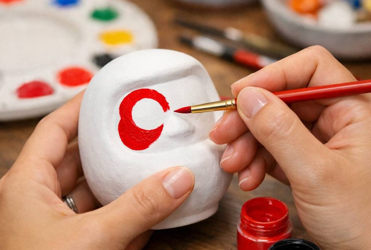 Painting a daruma by hand at the café