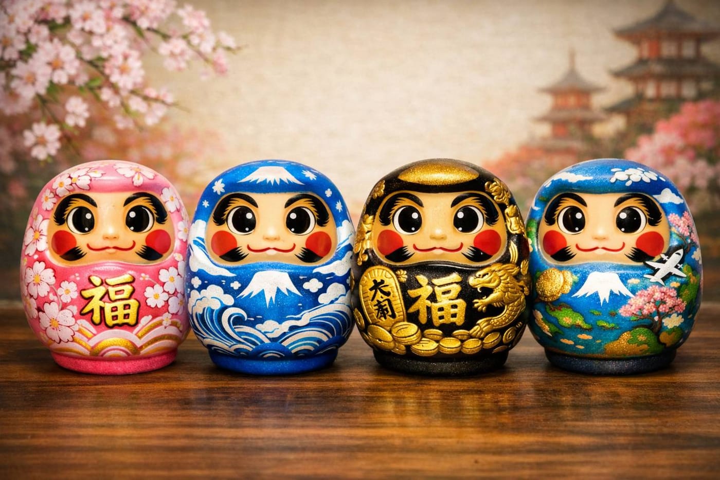 Decorated daruma with Mt. Fuji and cherry blossoms