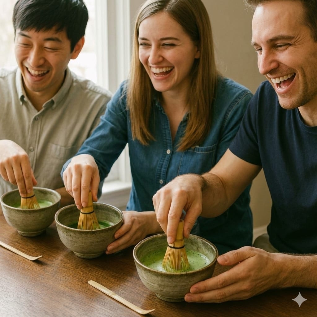 Guests whisking matcha together at the café