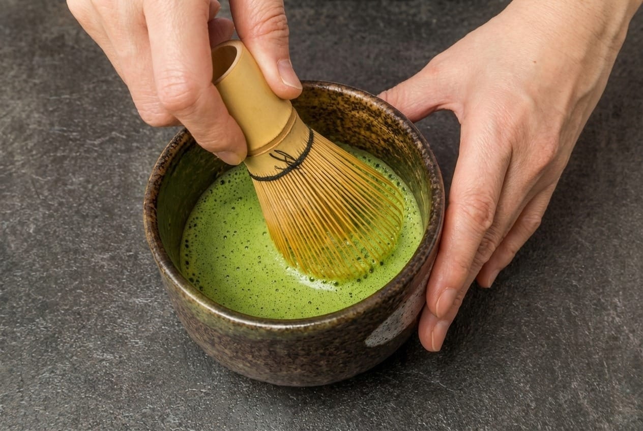 Whisking ceremonial matcha with a bamboo whisk