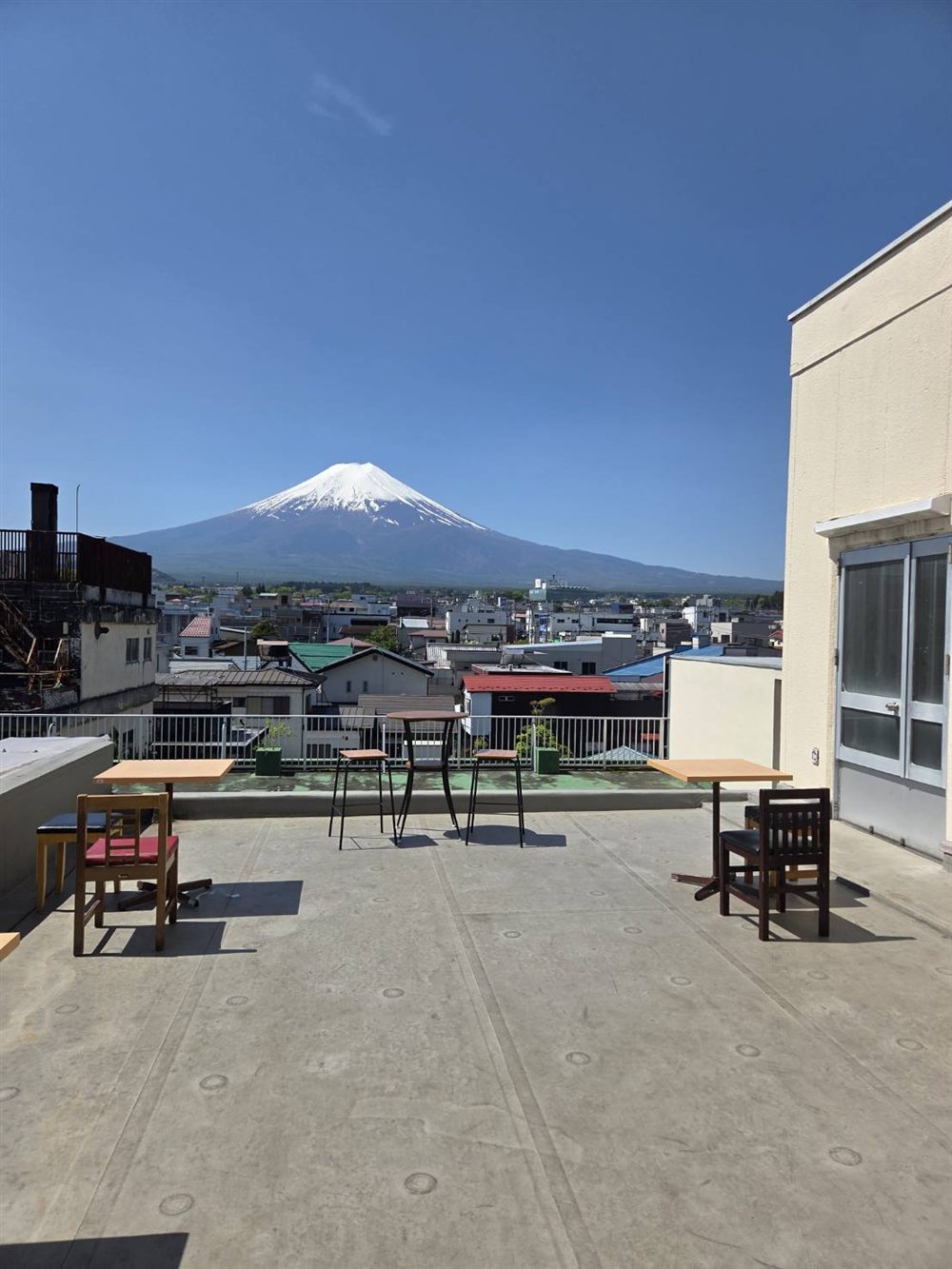 Wide rooftop terrace with a full view of Mt. Fuji